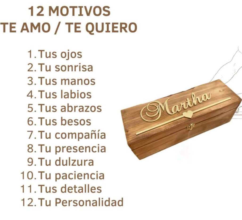 Caja 12 motivos "Te amo"/"Te quiero" + vino
