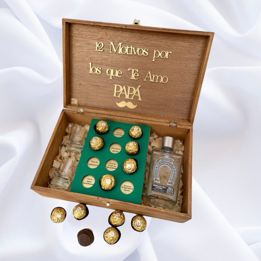 Caja para papá 12 motivos "por lo que te amo papá" con forro verde + tequila + chocolates + caballitos