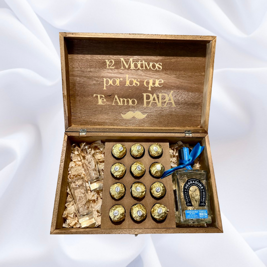 Caja para papá 12 motivos "por lo que te amo papá" + tequila + chocolates + caballitos