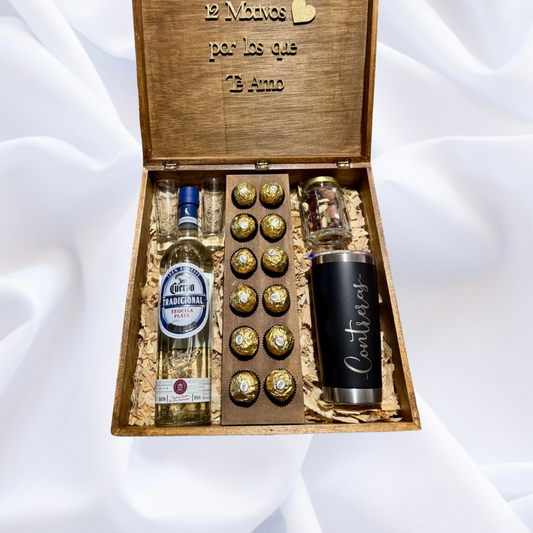 Caja para papá 12 motivos "por lo que te amo papá" + tequila + caballitos + chocolates + termo + Snack