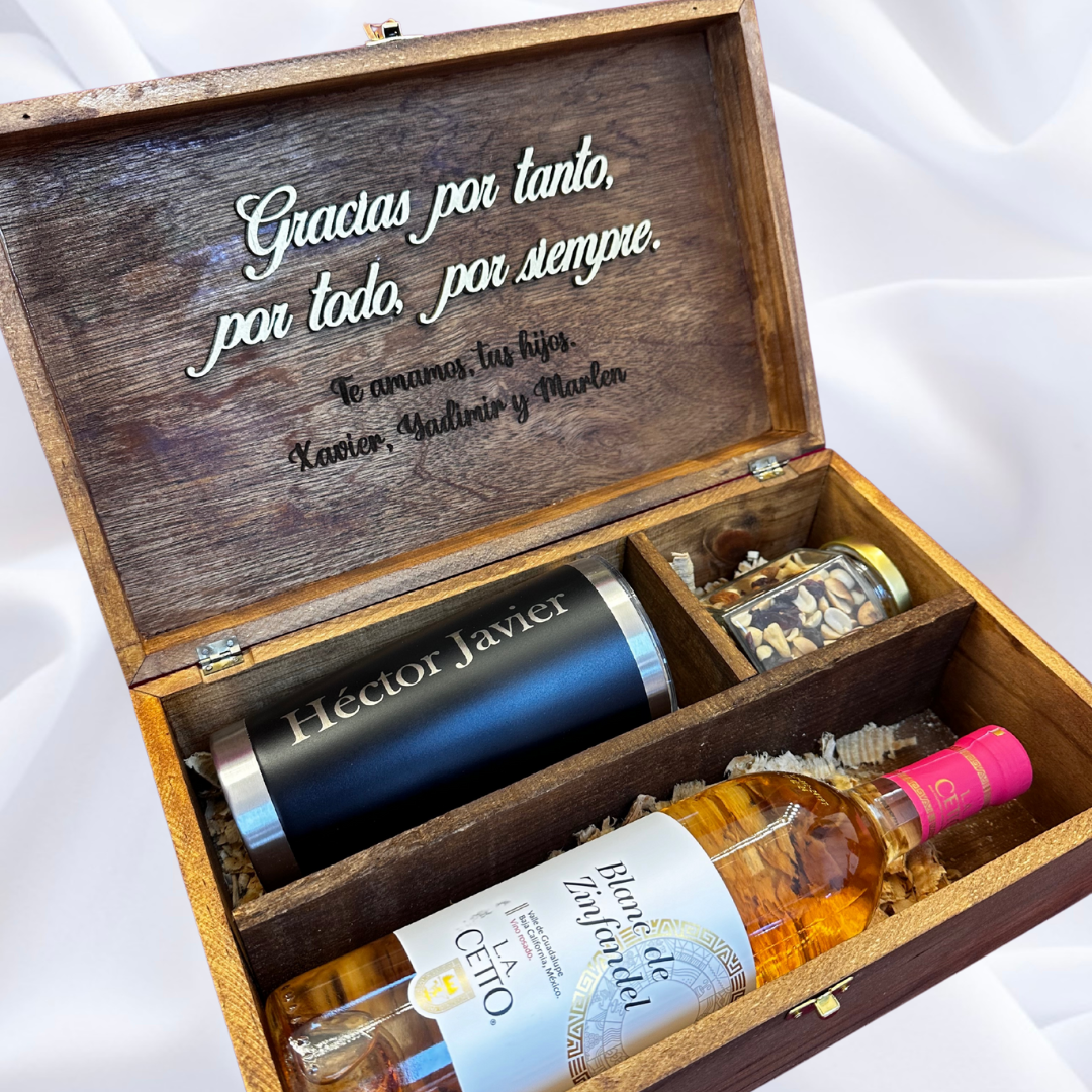Caja para padrino (Kit vino rosado+termo+snack)