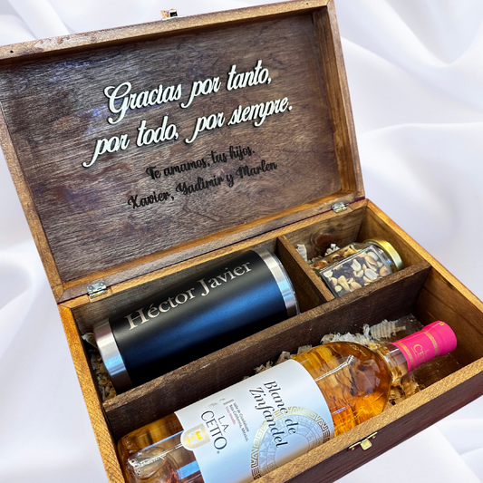Caja para padrino (Kit vino rosado+termo+snack)