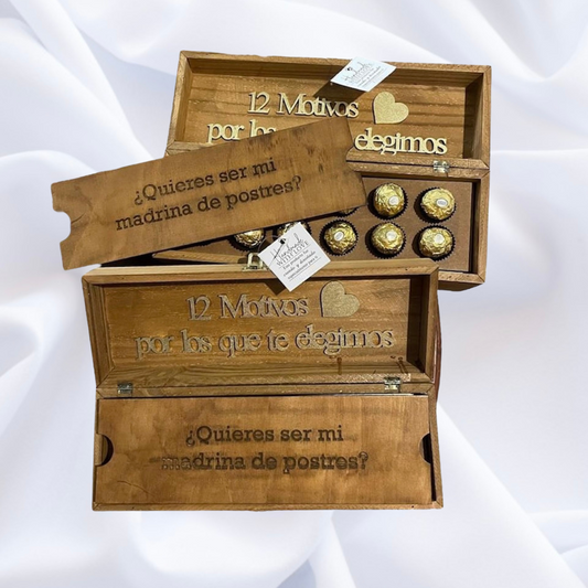 Caja para padrinos 12 motivos "por lo que te elegí" con tablilla