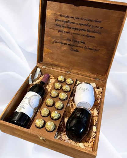 Caja para padrinos 12 motivos "por lo que te elegí" + vino + chocolates + termos