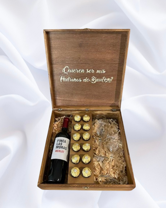 Caja para padrinos 12 motivos "por lo que te elegí" + vino + chocolates + copas