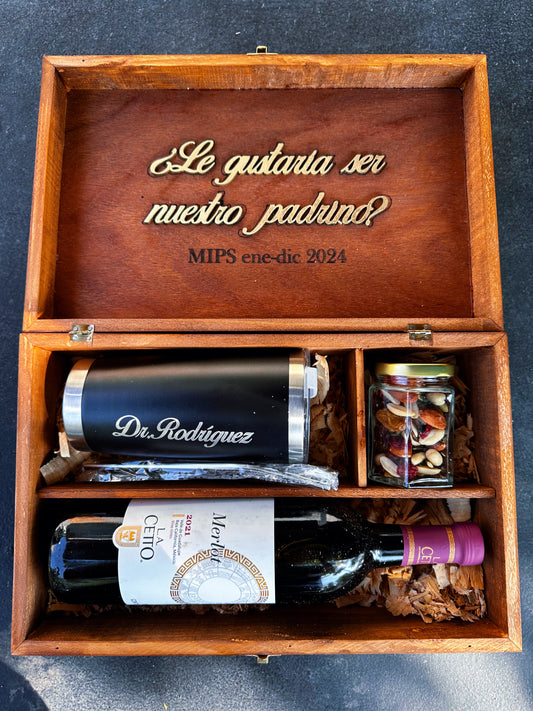 Caja para padrino (Kit vino+termo+snack)