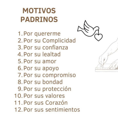 Caja para padrinos 12 motivos "por lo que te elegí" + vino + chocolates + copas