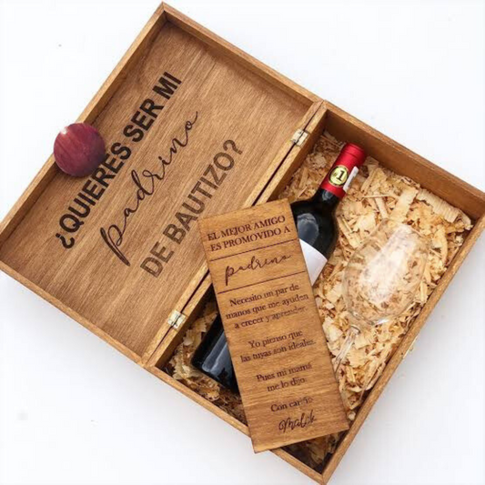 Caja para padrinos + tablilla Kit con botella de vino y 2 copas